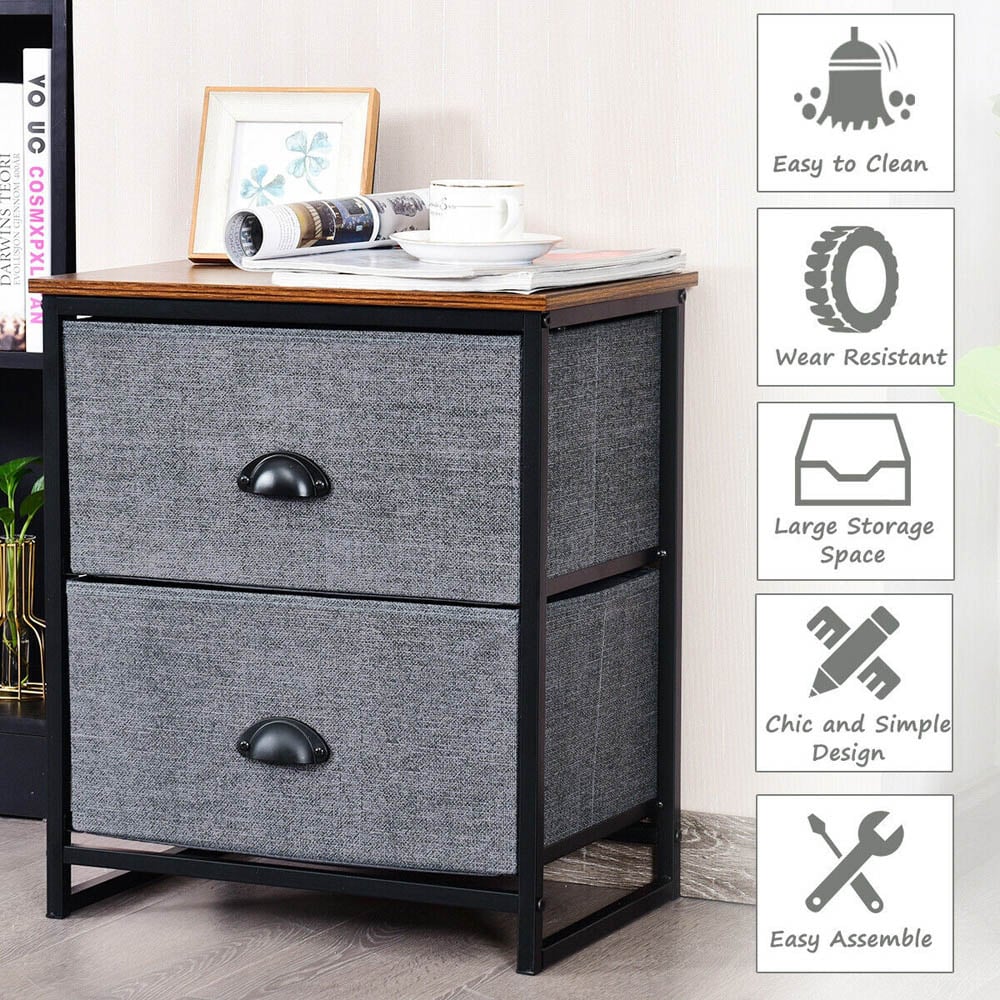 Costway Black 2 Drawer Fabric Nightstand Bedside Storage Cabinet Image 7