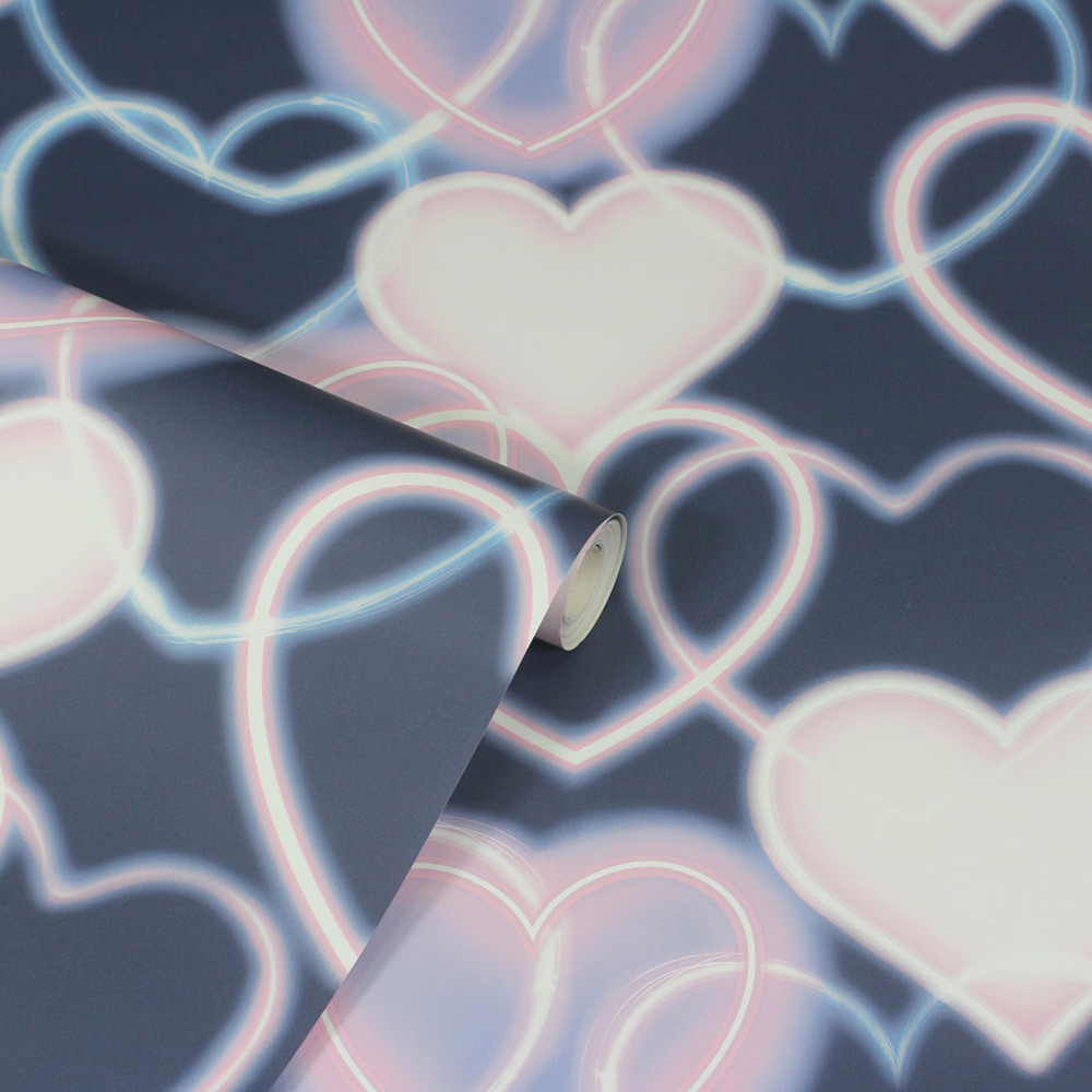 Arthouse Neon Heart Wall Navy and Pink Wallpaper Image 2