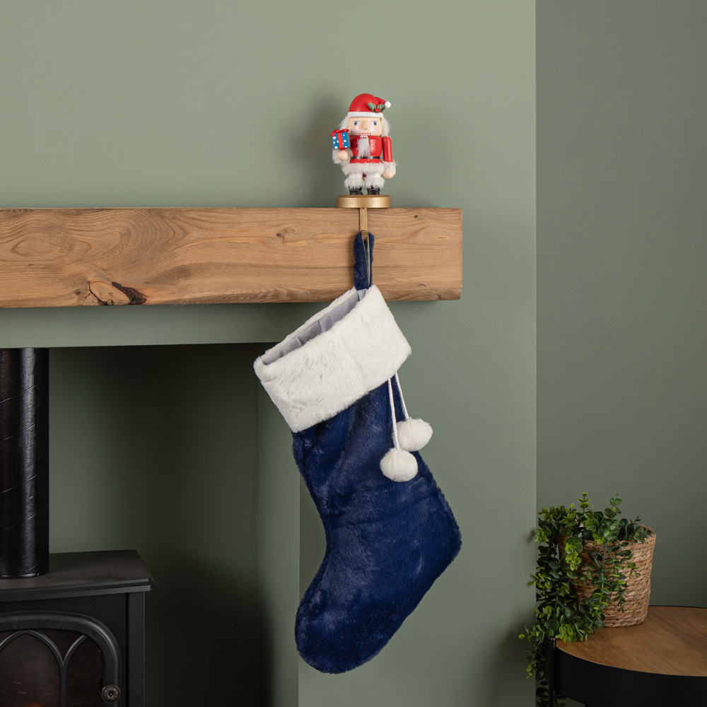 Samuel Alexander Blue Plush Hanging Christmas Stocking with Faux Fur Trim and Pom Poms 55cm Image 7