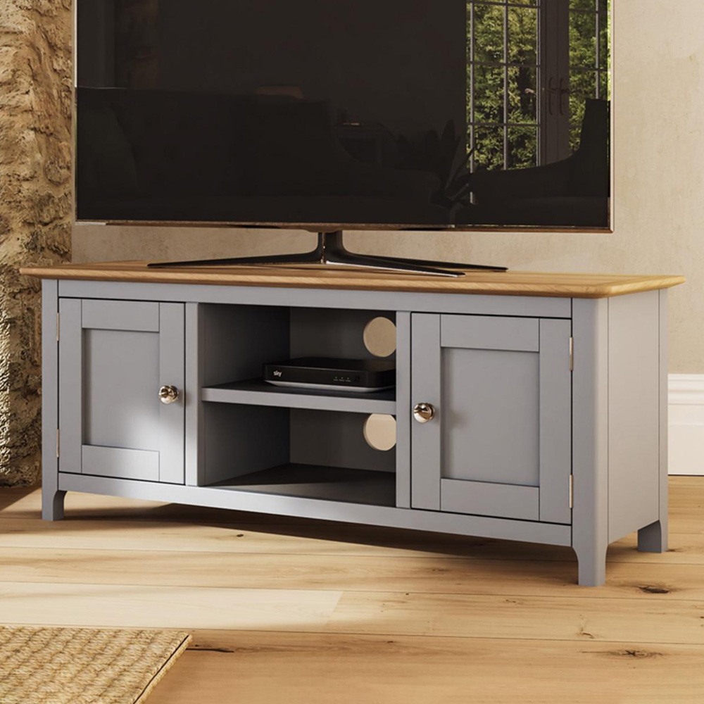 FWStyle Taberno 2 Door 2 Shelf Dove Grey and Oak Wide TV Unit Image 1