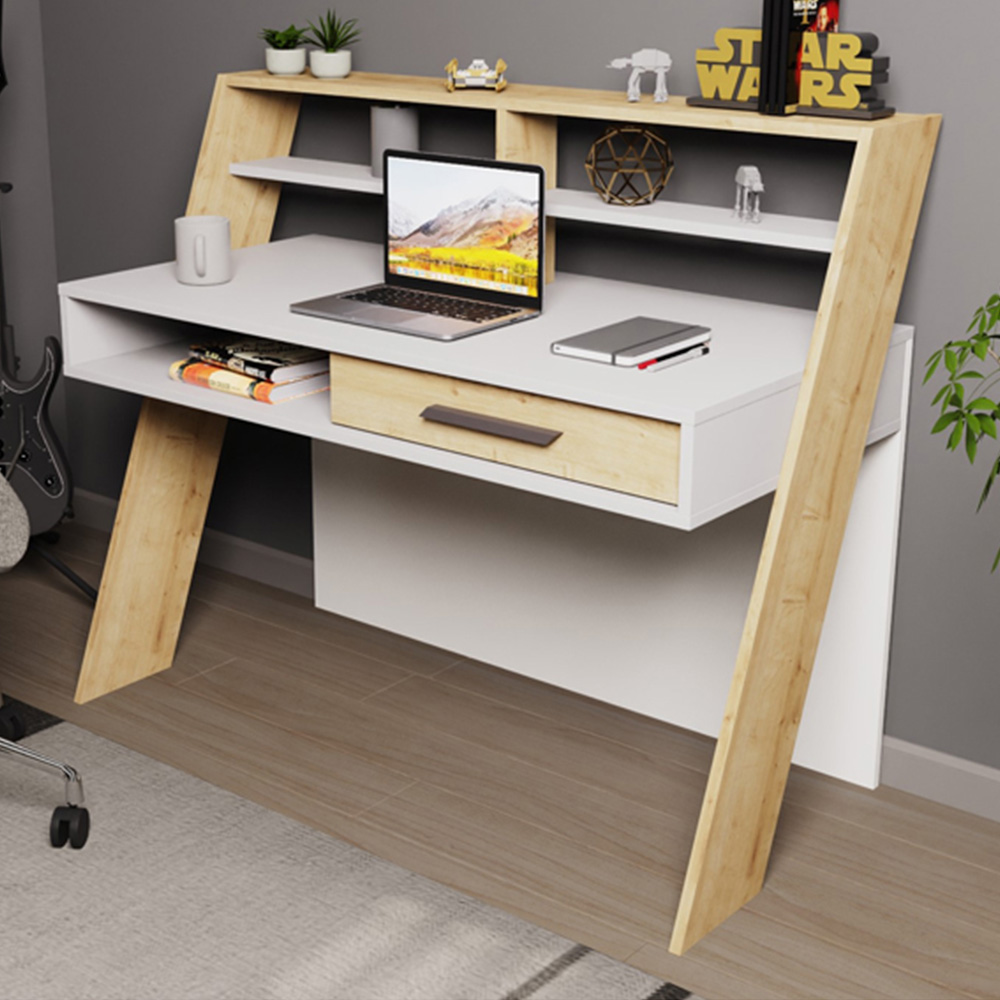 Decorotika Soho Single Drawer 5 Shelf Computer Desk White and Oak Image 1