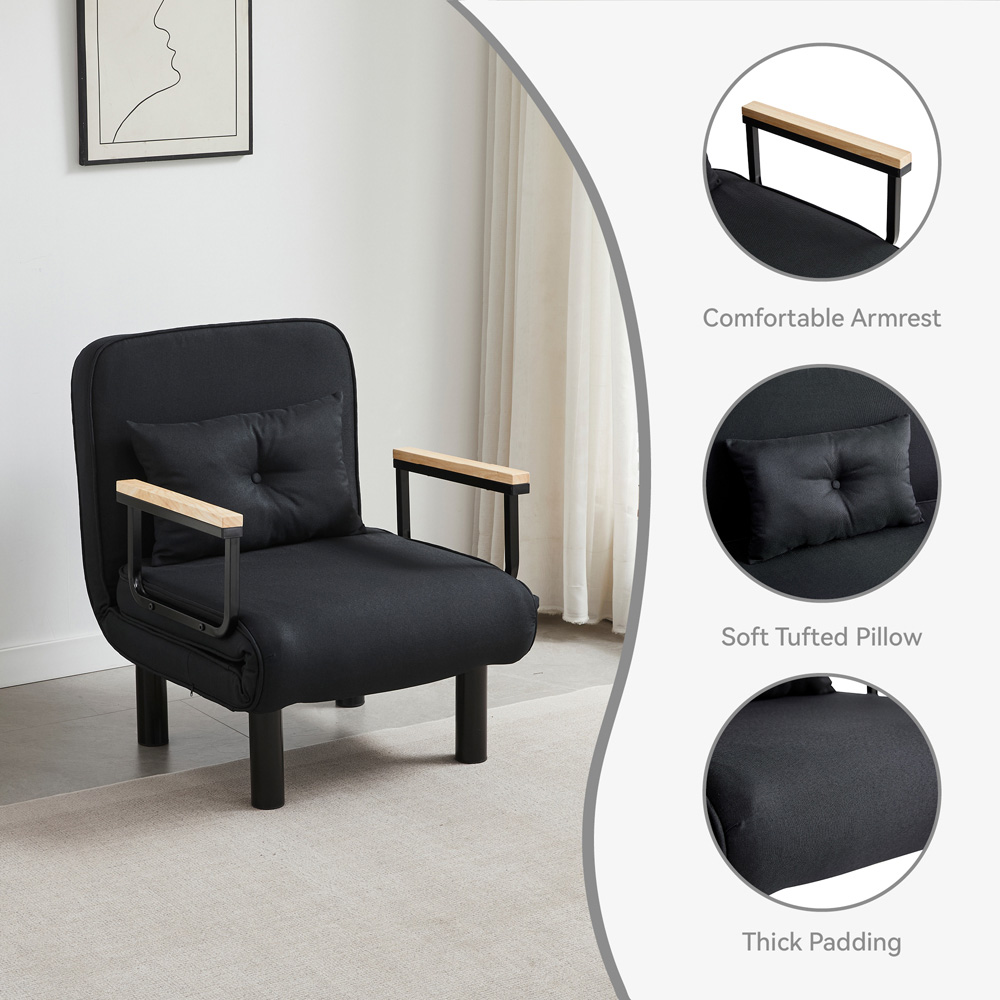 Single Seater Black 4-in-1 Foldable Sofa Bed with Adjustable Backrest and Large Cushion Image 3