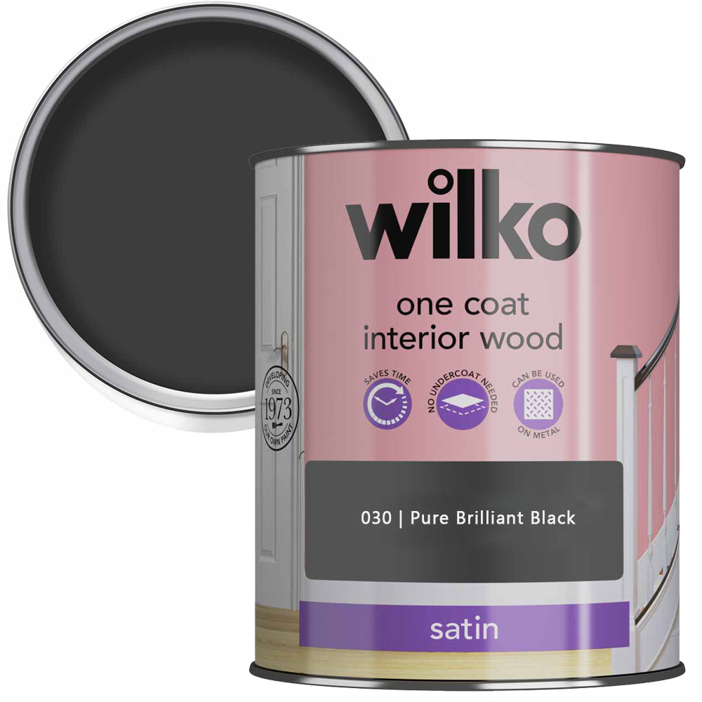 Wilko One Coat Interior Wood Pure Brilliant Black Satin Paint 750ml Image 1
