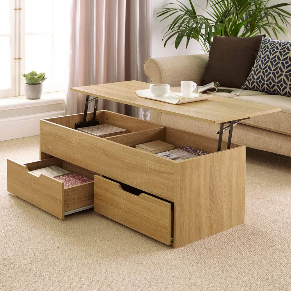 Home Source Bruges 2 Drawer Single Shelf Natural Oak Lift Up Coffee Table Image 6