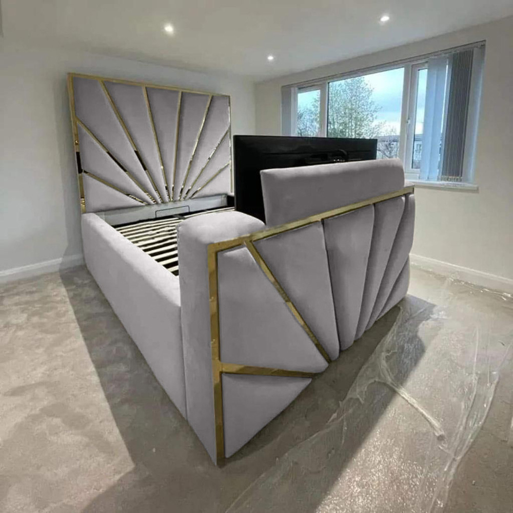 Eleganza Home Leniva Super King Size Silver Plush TV Bed Frame with Headboard and Footboard Image 2