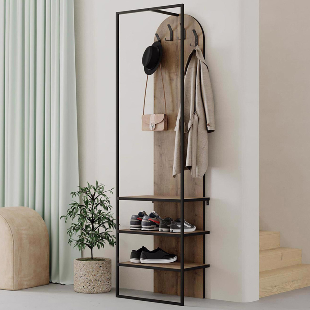 FWStyle Archy 3 Shelf Dark Oak Coat Rack Stand with Shoe Storage Image 1