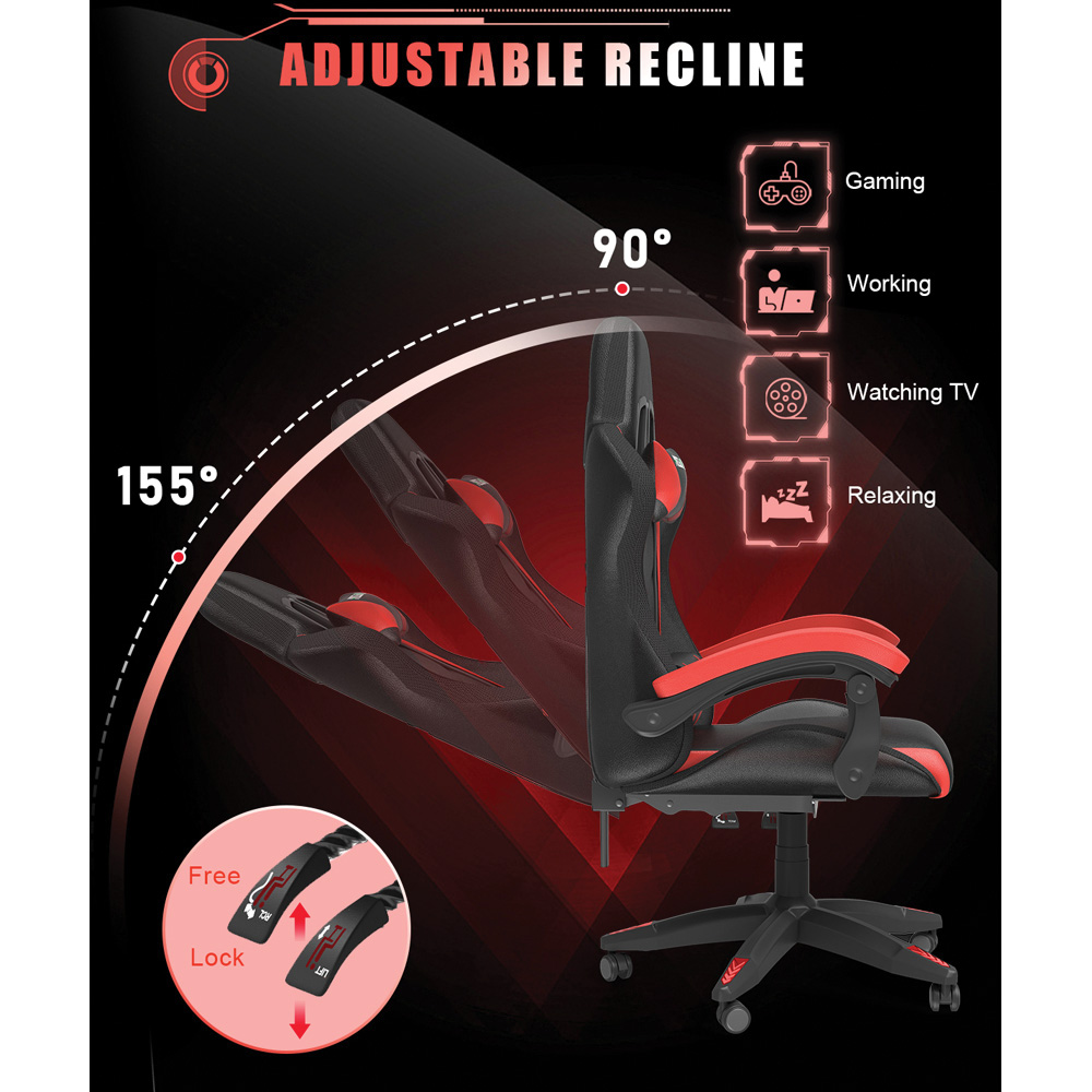 Rattrix Red Height Adjustable Lumbar Backrest Gaming Chair with Headrest and LED Light Image 4
