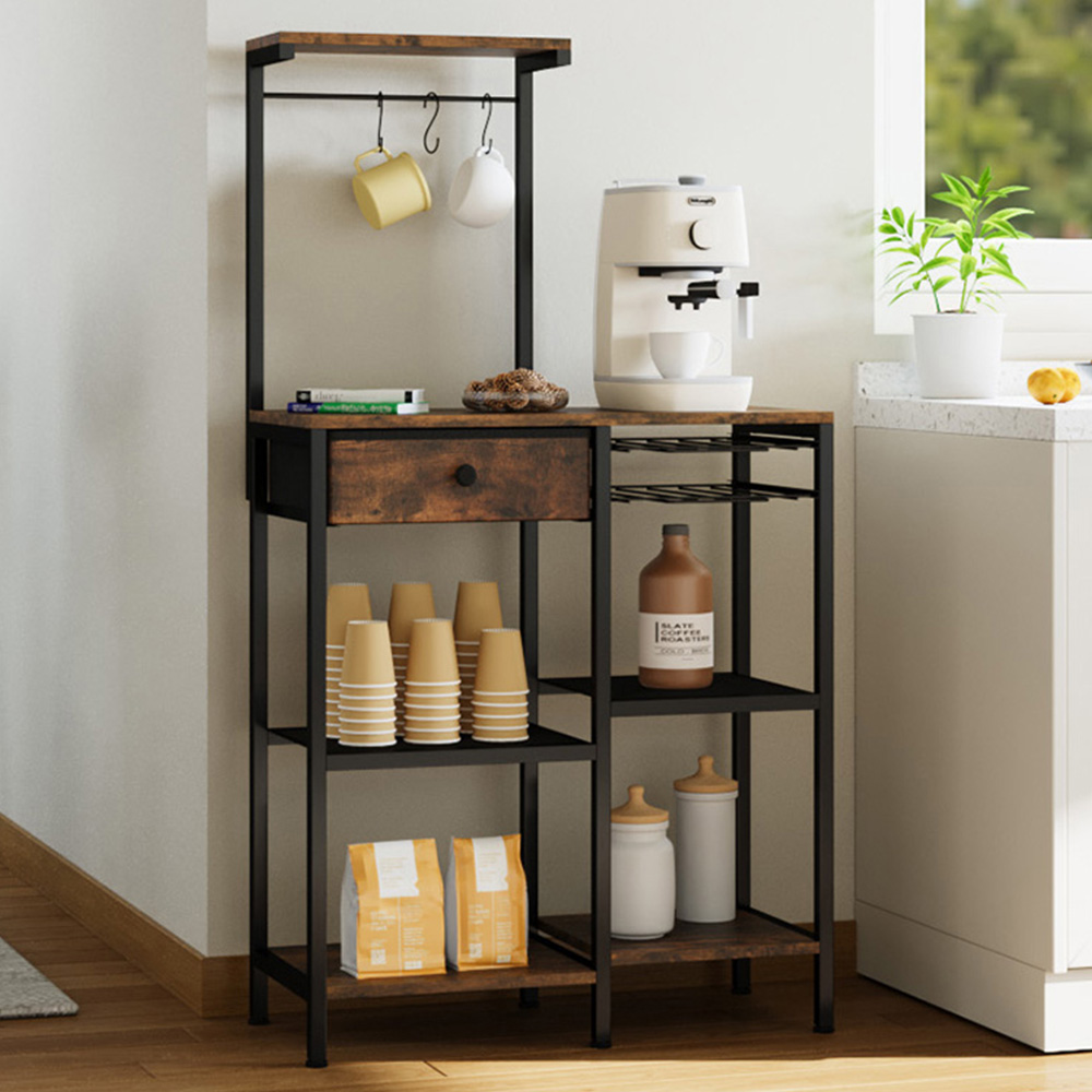 Living and Home Single Drawer 4 Shelf Wood and Metal Coffee Station with Hanging Rail Image 1