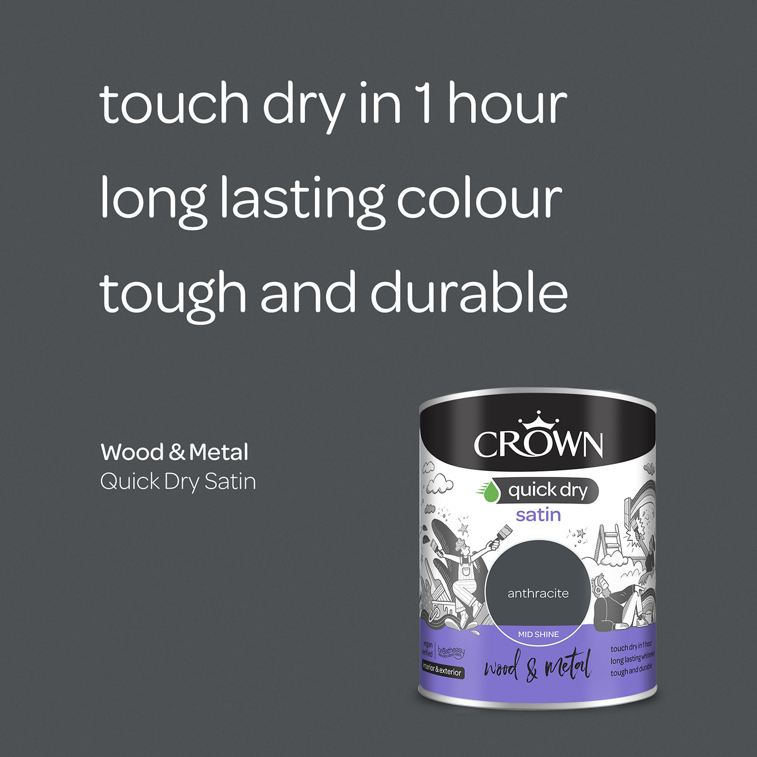 Crown Quick Dry Satin Wood and Metal Paint - Anthracite Image 4