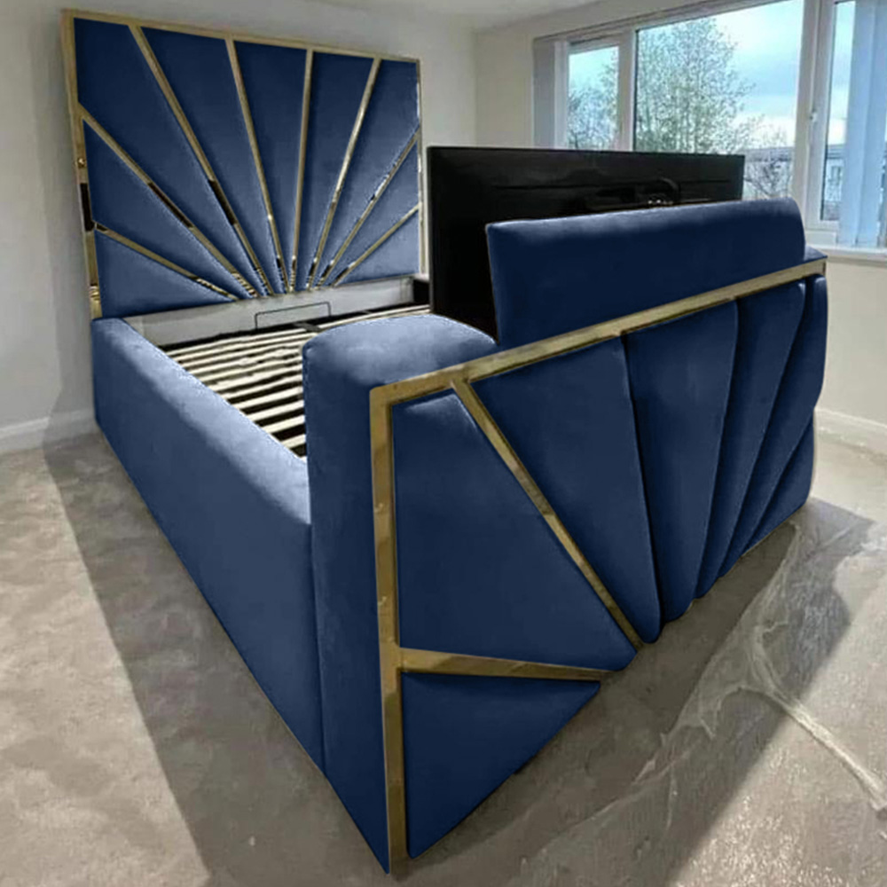 Eleganza Home Leniva King Size Blue Plush TV Bed Frame with Headboard and Footboard Image 1