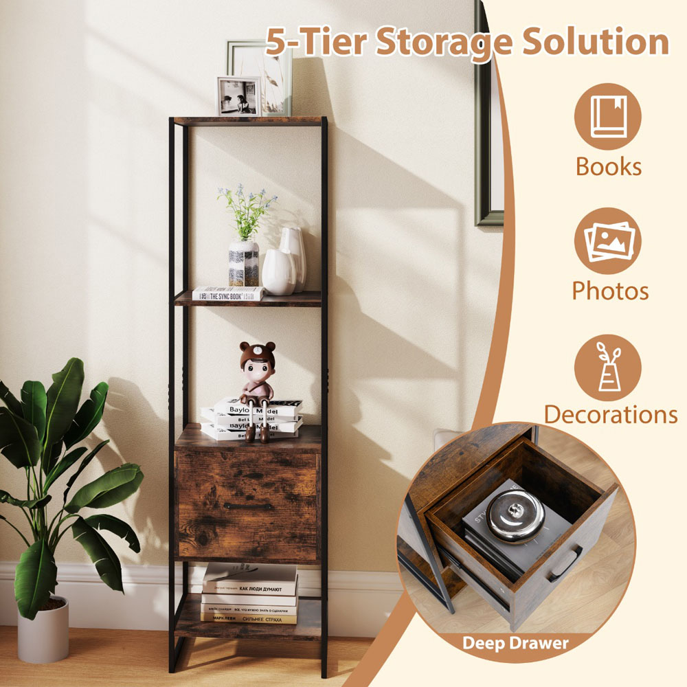 Costway 5 Tier Rustic Brown Metal Tall Bookshelf Image 7
