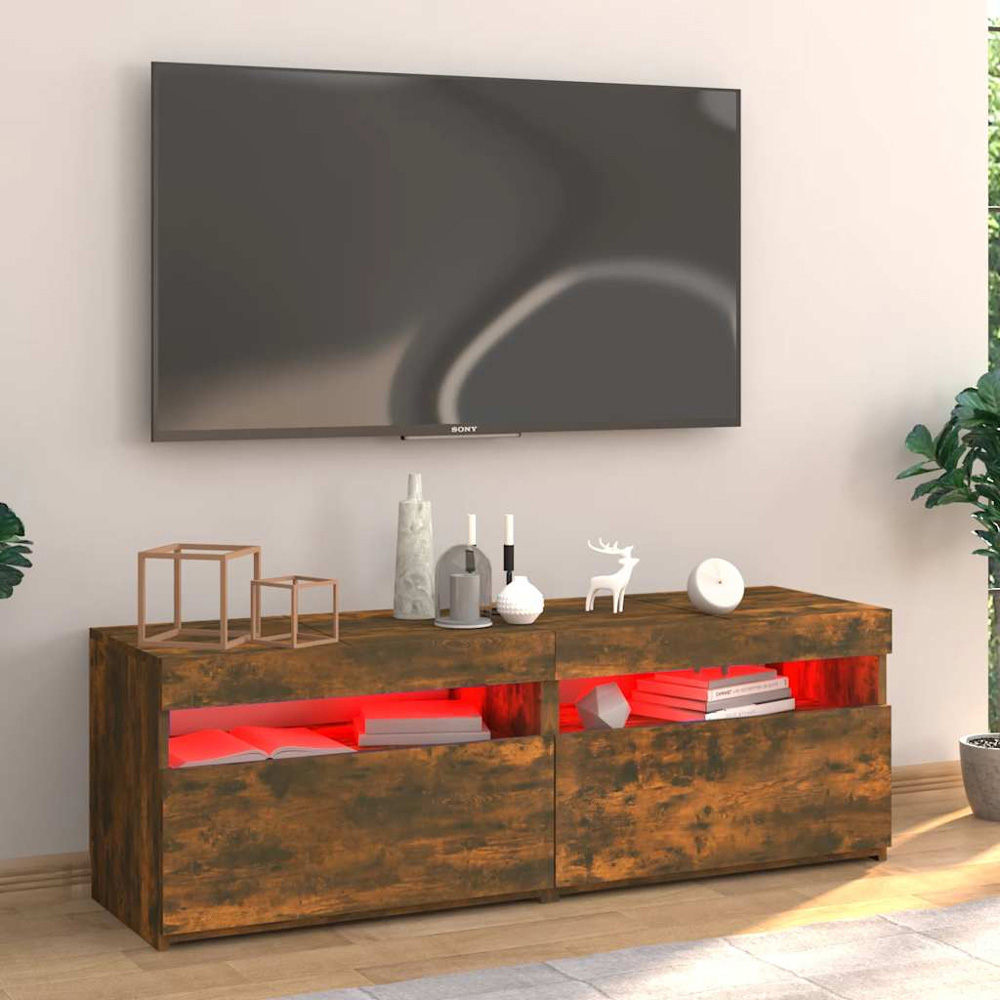 vidaXL 2 Door 2 Shelf Smoked Oak Wide TV Cabinet with LED Lights Image 5