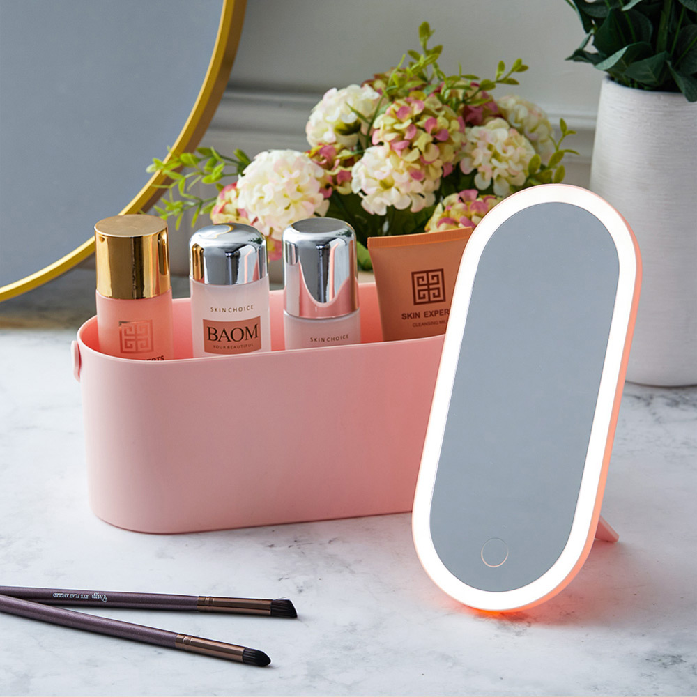 Living And Home SW0342 Pink Plastic LED Lighted Make-Up Mirror With Storage Box Image 5