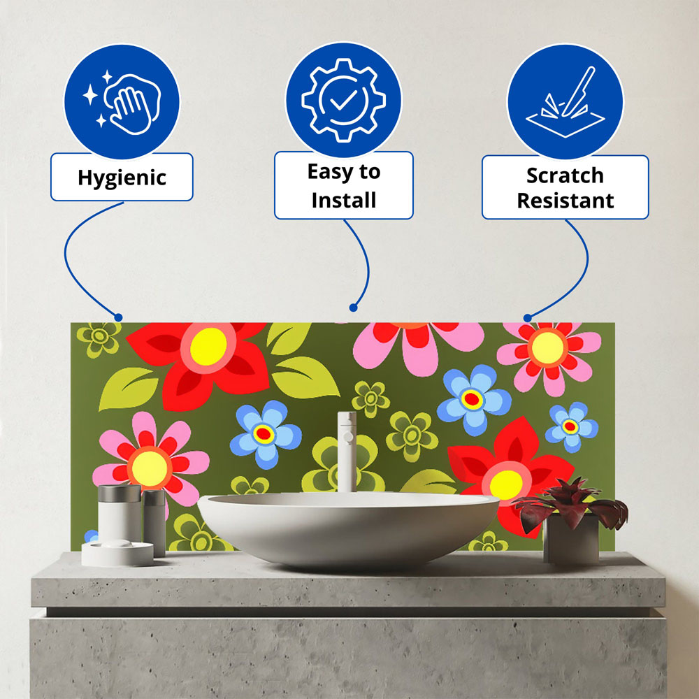 Warren Reed Designer Red and Blue Flowers Glass Bathroom Splashback 25 x 60cm Image 3