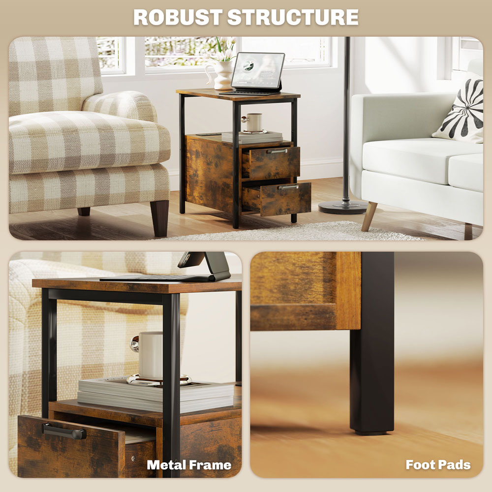 HOMCOM 2 Drawer Rustic Brown Bedside Table with Charging Station Image 6