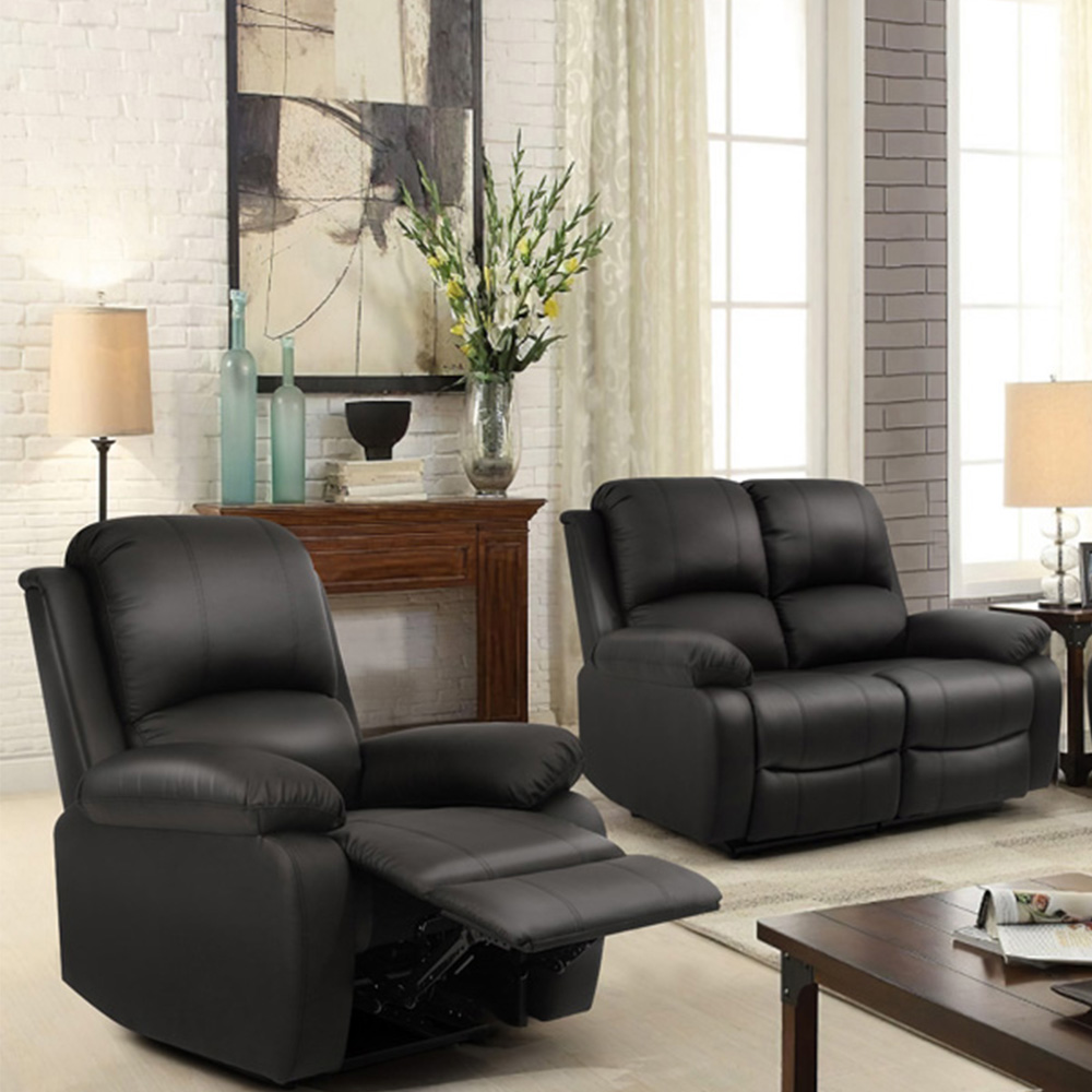 Brooklyn 6 Seater Black Bonded Leather Manual Recliner Sofa Set Image 2