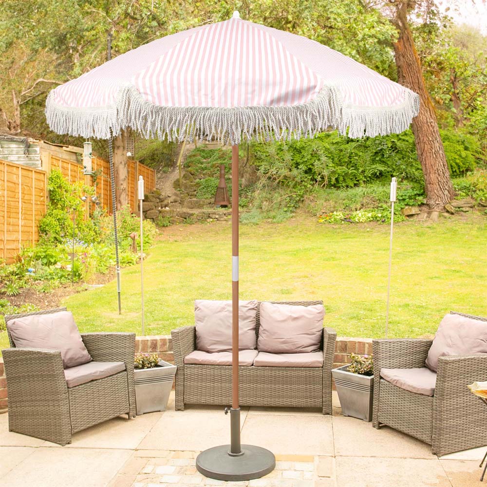 Harbour Housewares Pastel Pink Stripe Wooden Garden Parasol with Tassel Fringe 1.4m Image 2