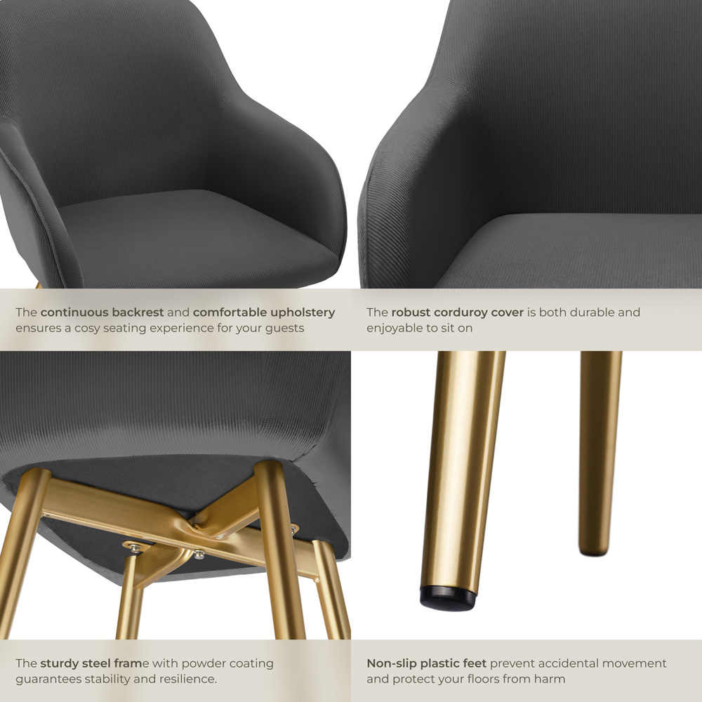tectake Marilyn Anthracite and Gold Corduroy Padded Dining Chair Image 6