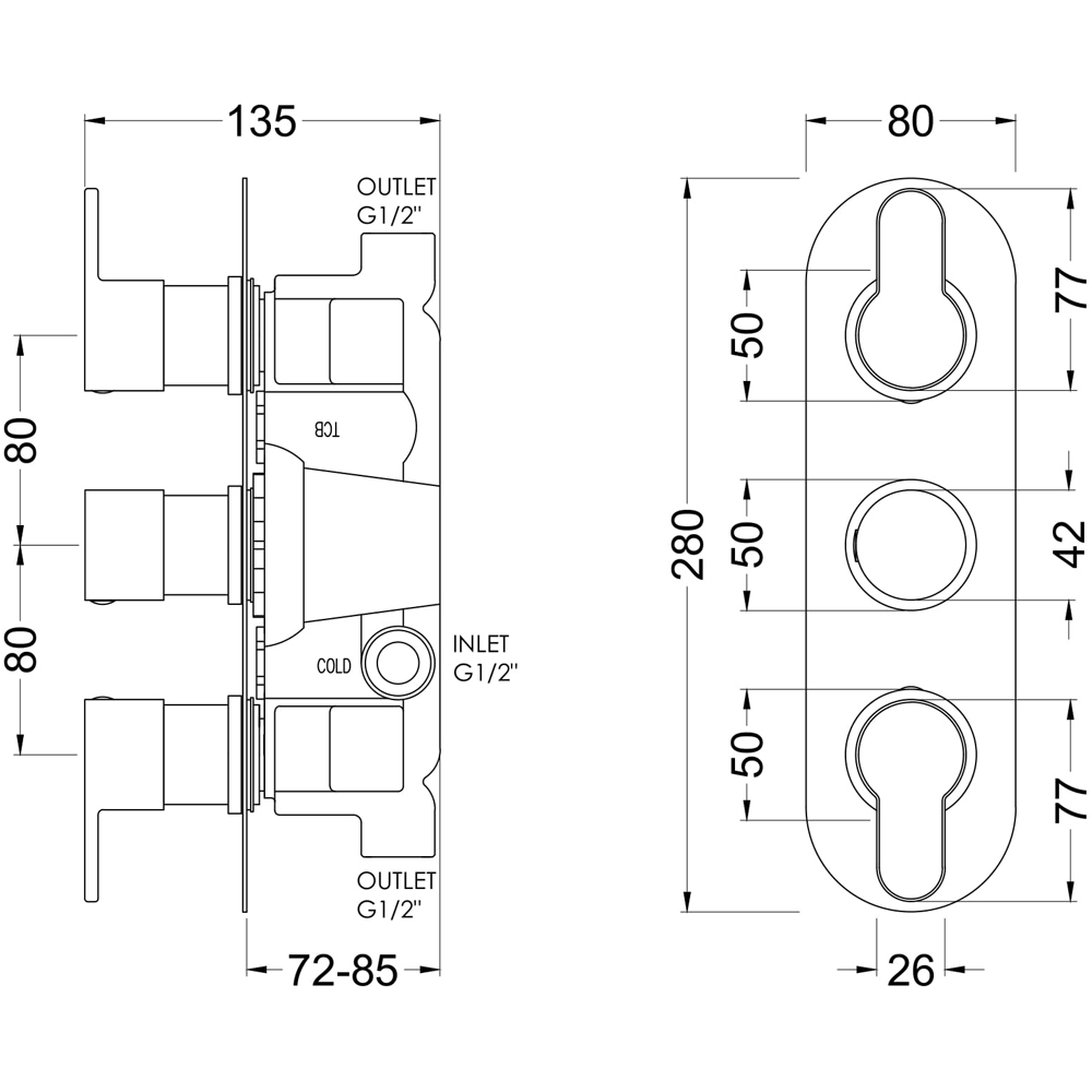 nuie Arvan Matt Black Triple Thermostatic Valve Image 2