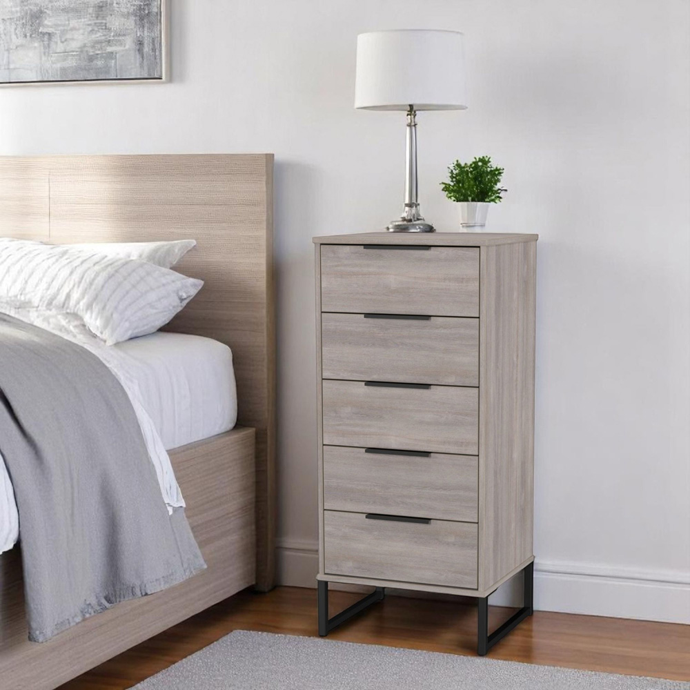 Crowndale Hong Kong 5 Drawer Grey Oak Tall Bedside Cabinet Ready Assembled Image 7
