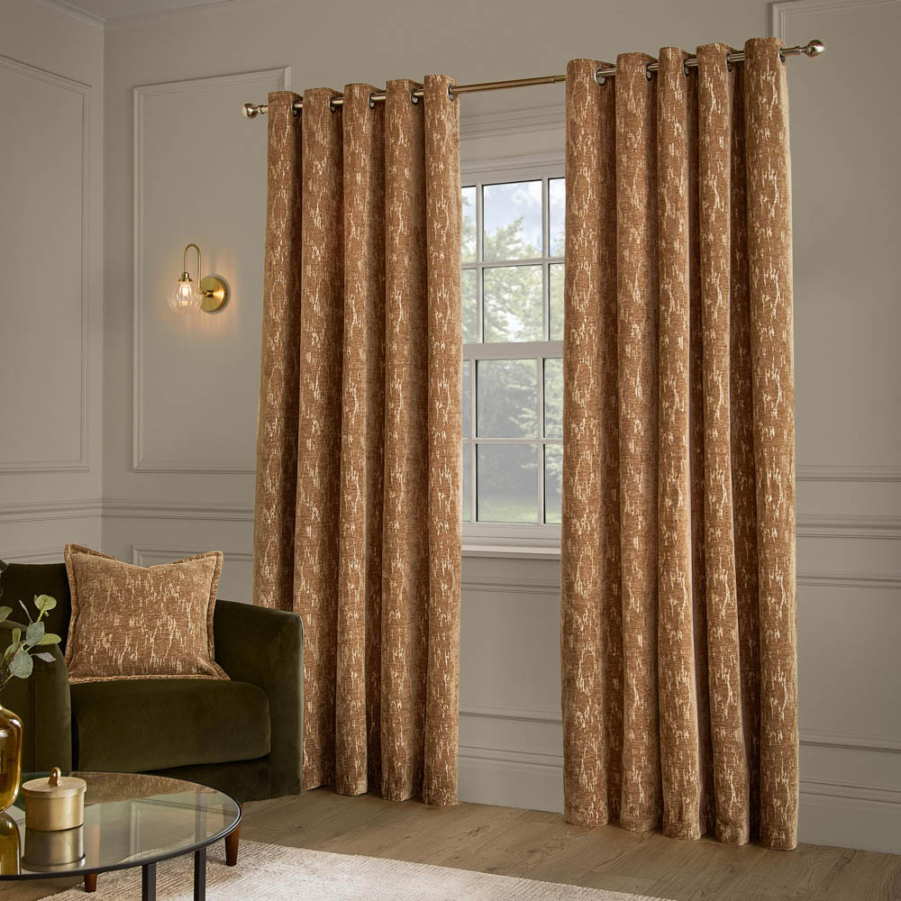 Paoletti Aurelio Caramel Chenille Fully Lined Eyelet Curtains 168 x 183cm Image 1