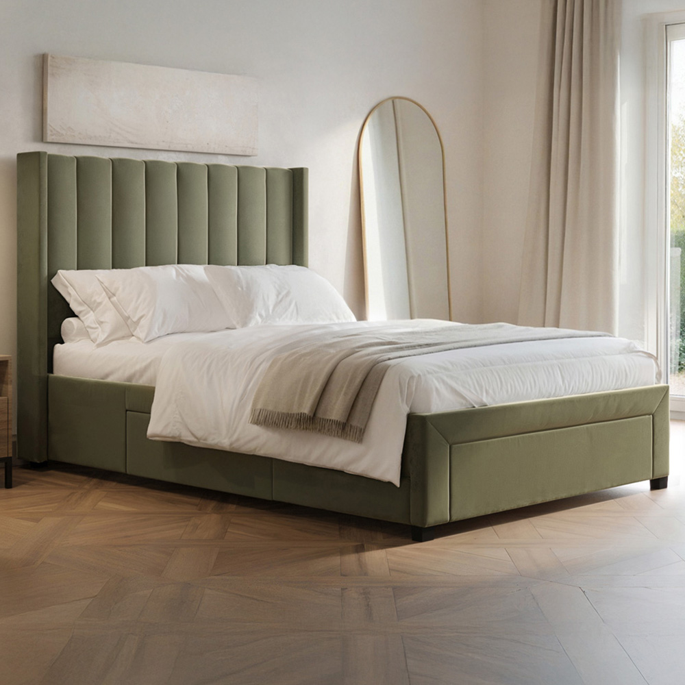 Flair Tiggy King Size Khaki Velvet Storage Bed with Winged Headboard Image 1