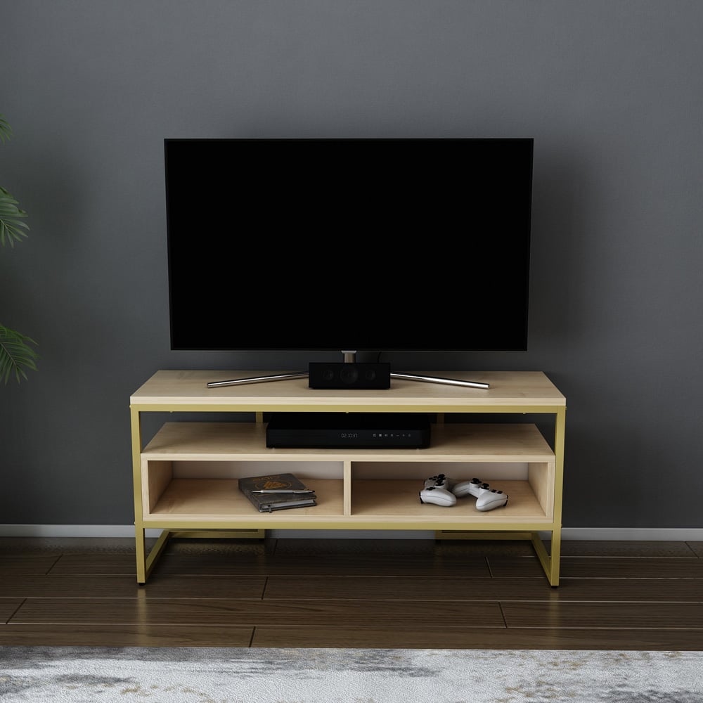 Decorotika Merrion 3 Shelf Gold and Oak TV Unit Image 4