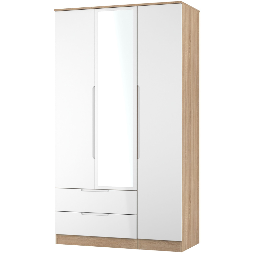 Crowndale Milan 3 Door 2 Drawer White Gloss Bardolino Oak Tall Mirrored Wardrobe Ready Assembled Image 4