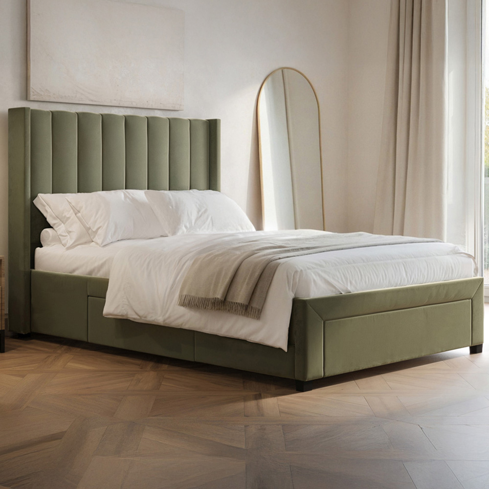 Flair Tiggy Double Khaki Velvet Storage Bed with Winged Headboard Image 1