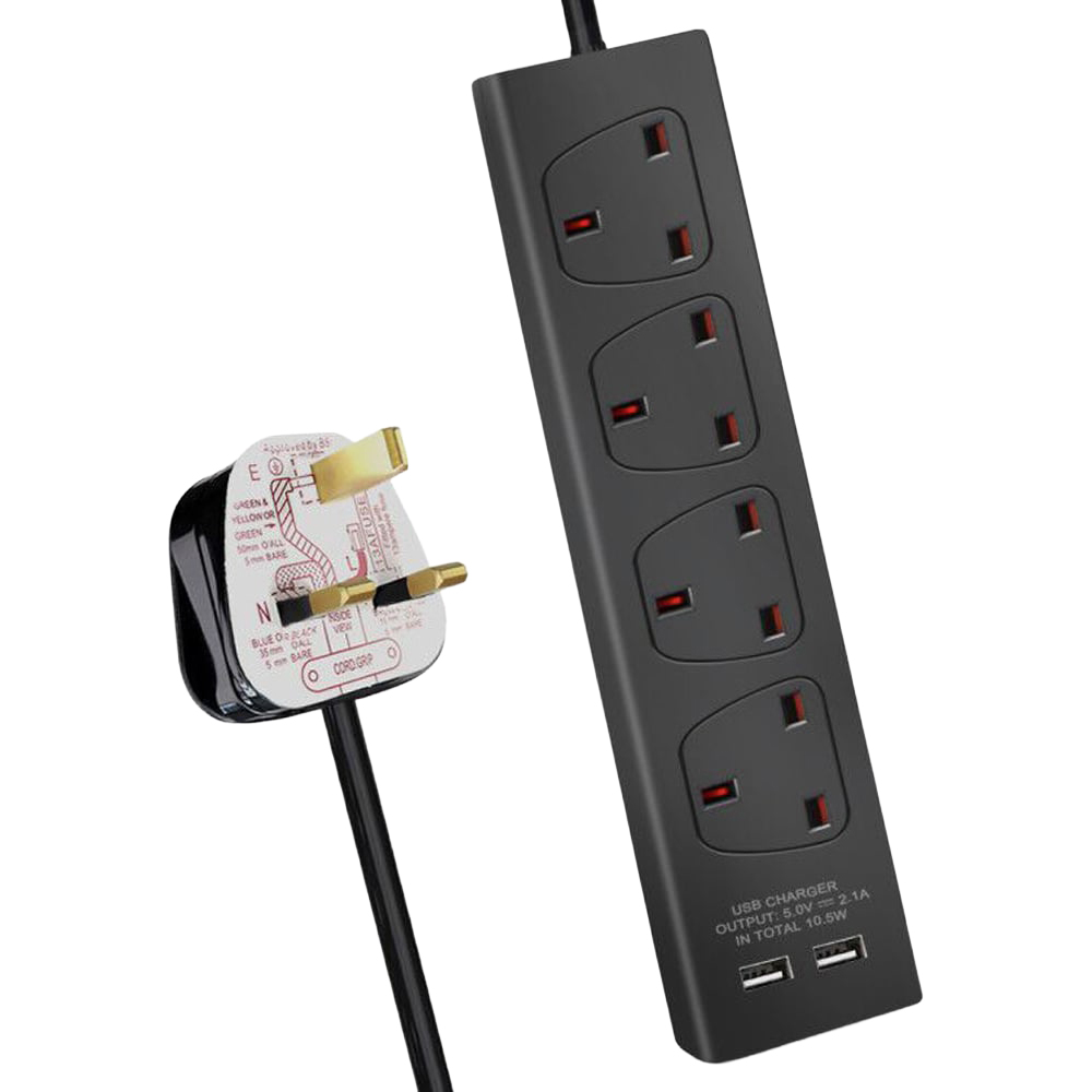 ExtraStar 13A 3m 4 Socket Black Unswitched Extension Lead with 2 USB Port Image 1