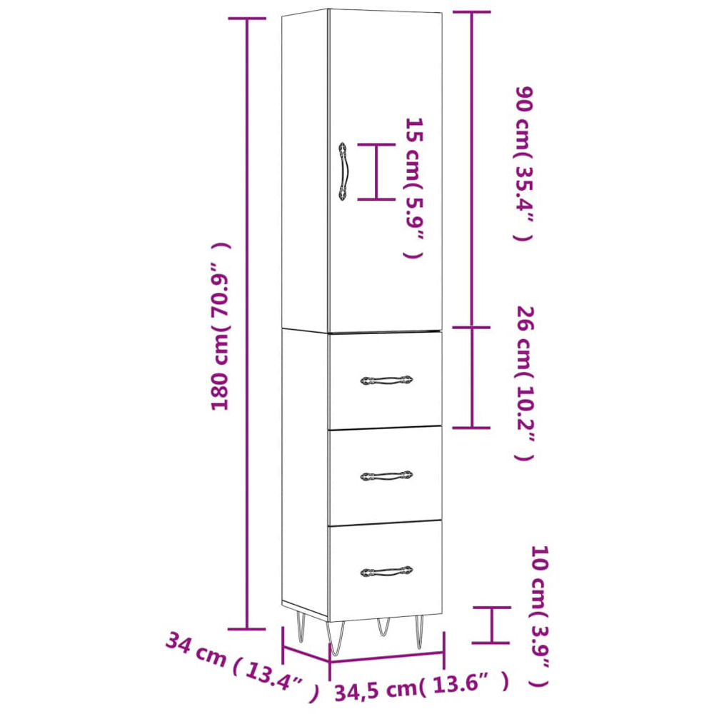 vidaXL Single Door 3 Drawer Concrete Grey Highboard Image 7