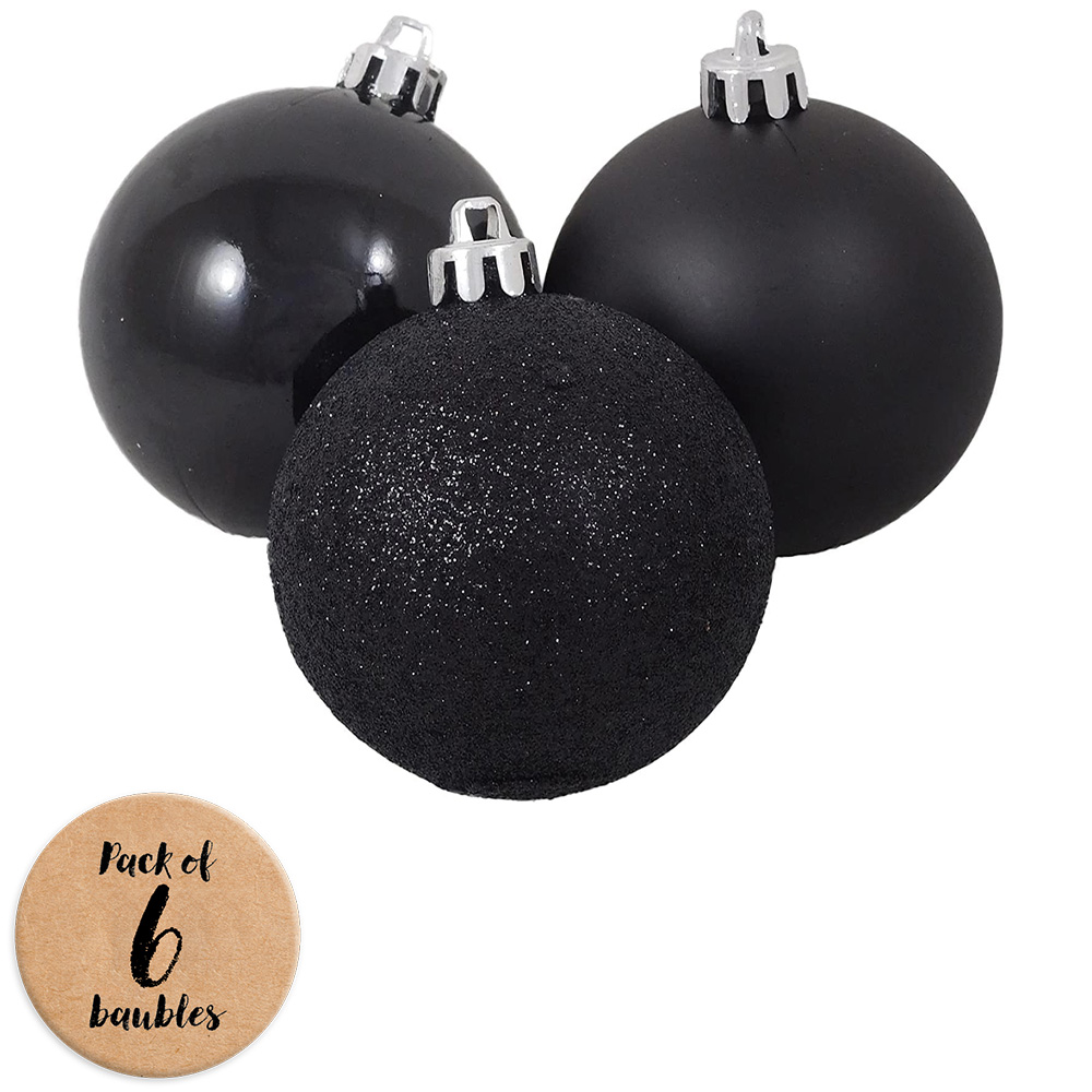 Shatchi 6cm Black Shatterproof Bauble 6 Pack Image 1
