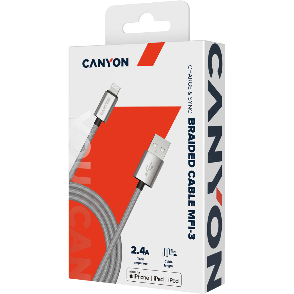 Canyon Grey Braided USB to MFI Lightning Cable 1m Image 2
