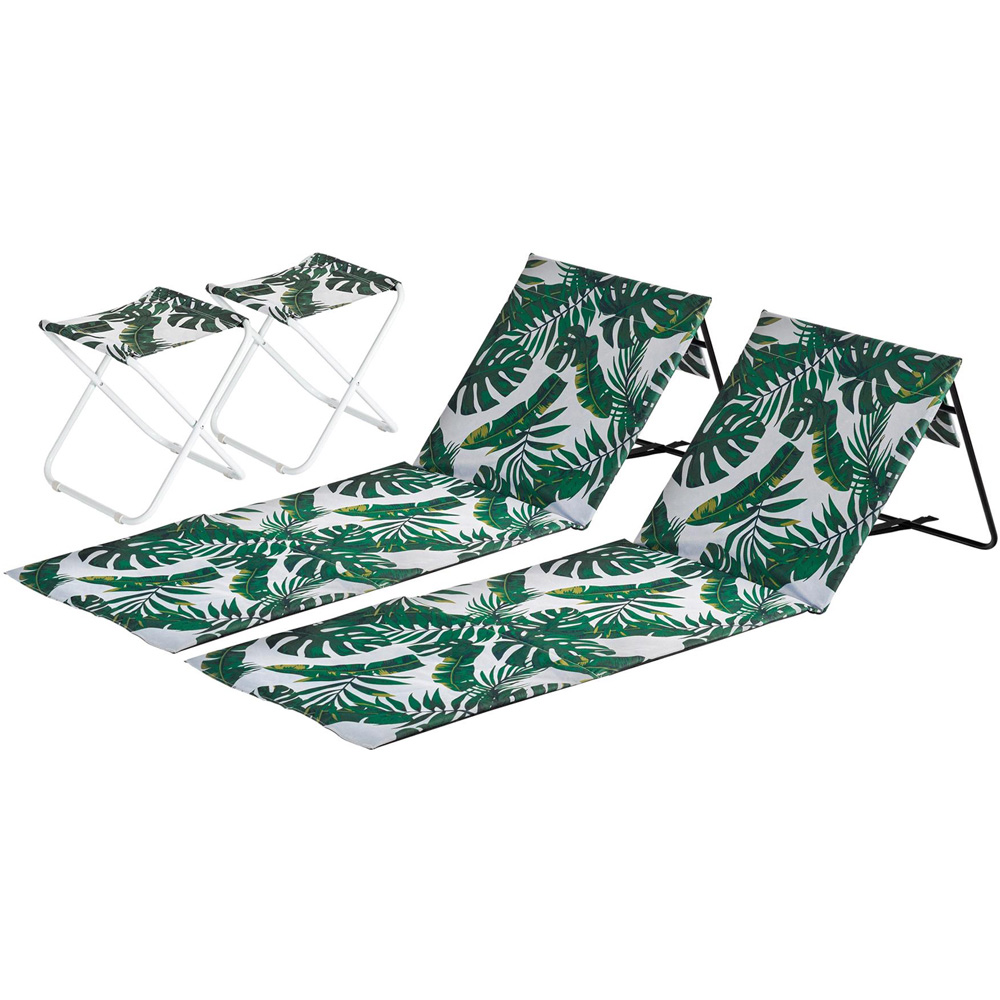 Harbour Housewares 4 Piece Banana Leaf Camping Stool and Folding Sun Lounger Beach Furniture Set Image 2
