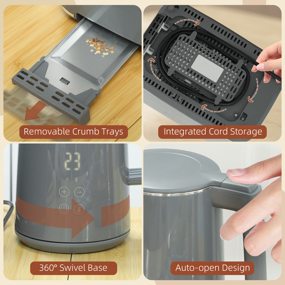 HOMCOM 800-211V70GY Grey 1.5L Fast Boil Electric Kettle 3000W and 2 Slice Toaster Set Image 3