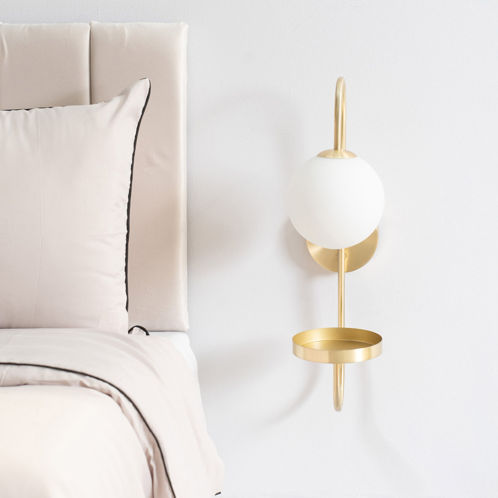 ValueLights Milo Frosted Glass Globe Shade Curved Brushed Gold Wall Light with Shelf and Bulb Image 3