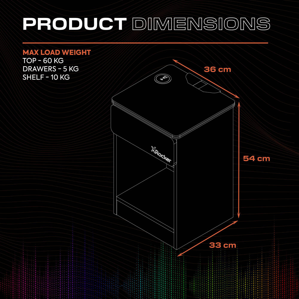 X Rocker Carbon-Tek Single Drawer Single Shelf Grey and Blue LED Bedside Table with Charging Image 9