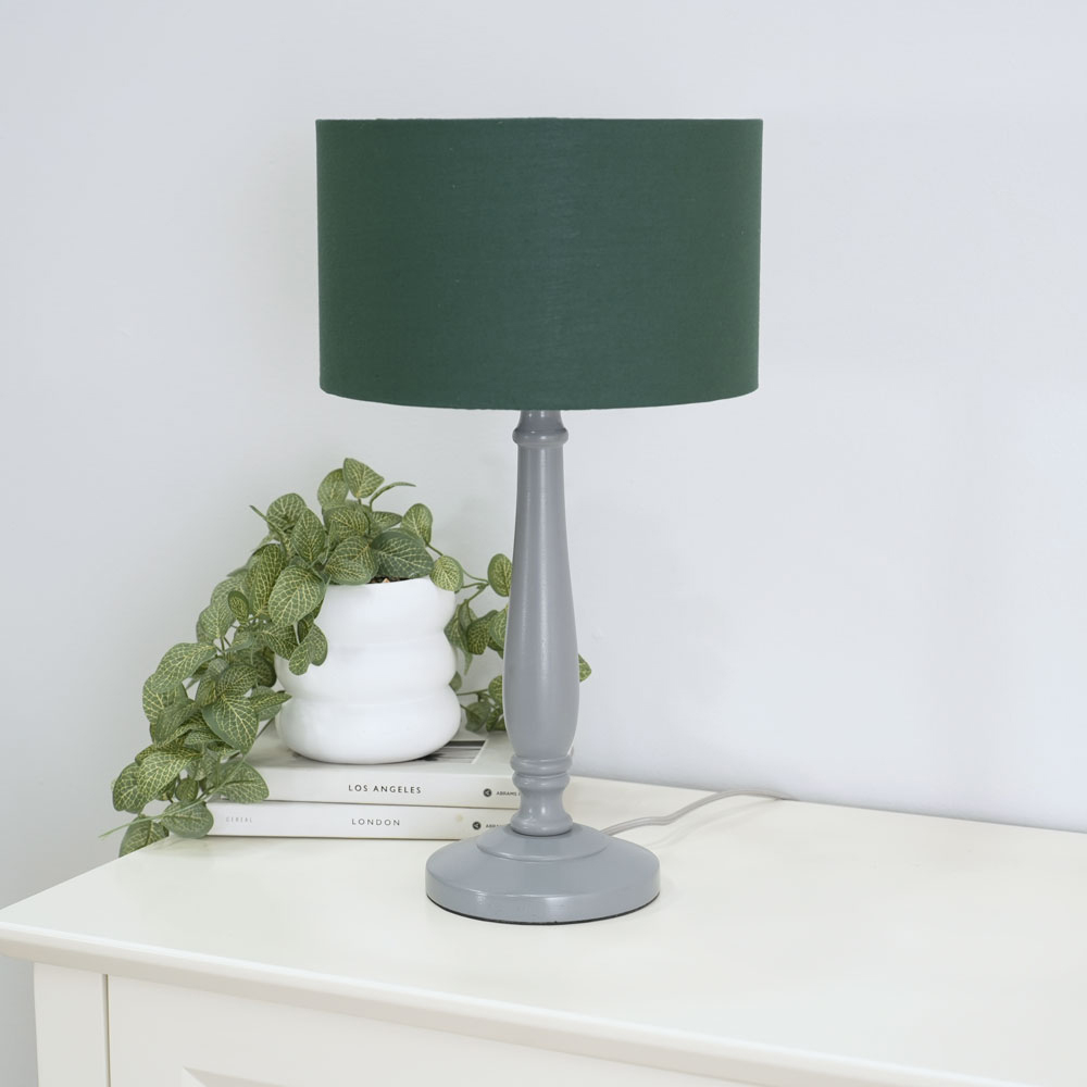 ValueLights Victoria Green Fabric Drum Shade Grey Wood Traditional Stem LED Table Lamp Image 3