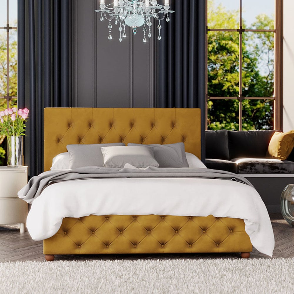 Laurence Llewelyn-Bowen Luna Double Ochre Plush Velvet Ottoman Bed Image 1