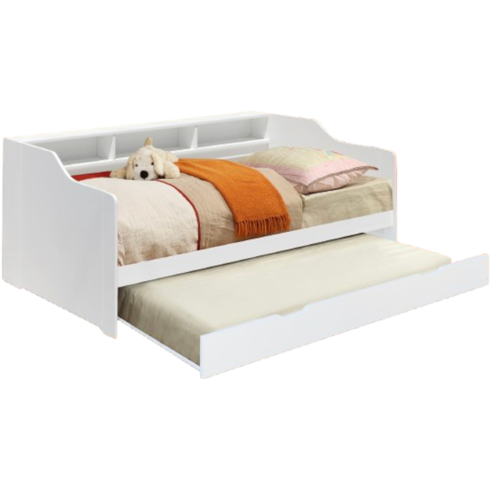 Comfy Living Single White Wooden Bed with Trundle and Shelves Image 2