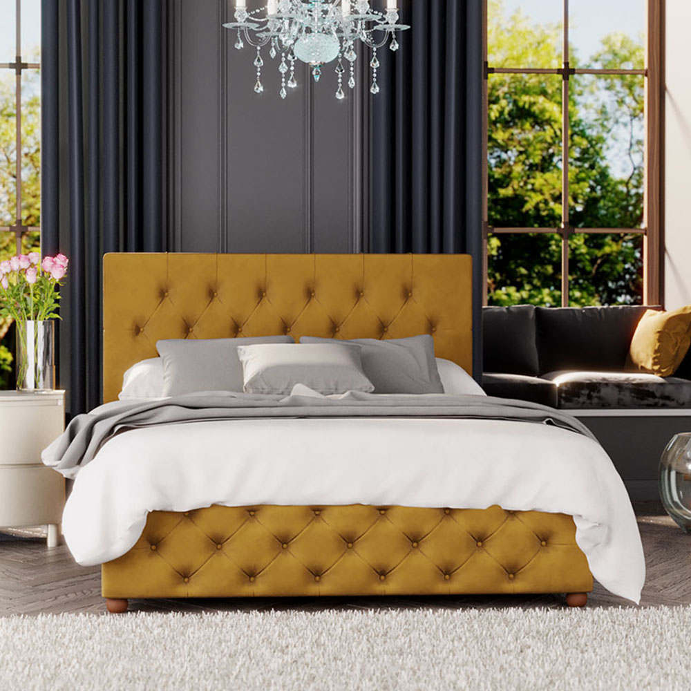 Laurence Llewelyn-Bowen Luna Small Double Ochre Plush Velvet Ottoman Bed Image 1