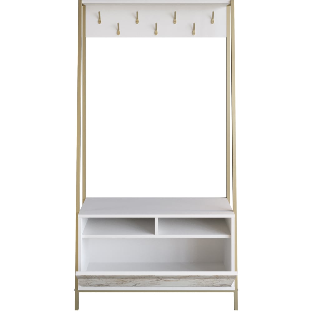 Decorotika Devin Single Door 2 Shelf White Marble and Gold Coat and Shoe Rack Image 1