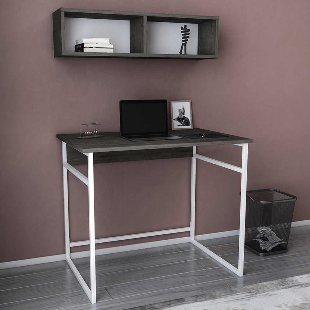 Decorotika Hussum Computer Desk with 2 Section Wall Shelf White Wenge Image 1
