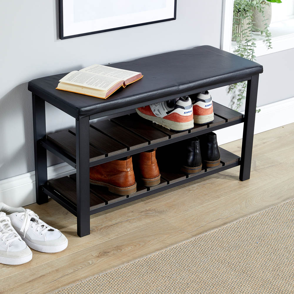 Home Source Spalding 2 Shelf Black PU Upholstered Metal Shoe Bench Image 6