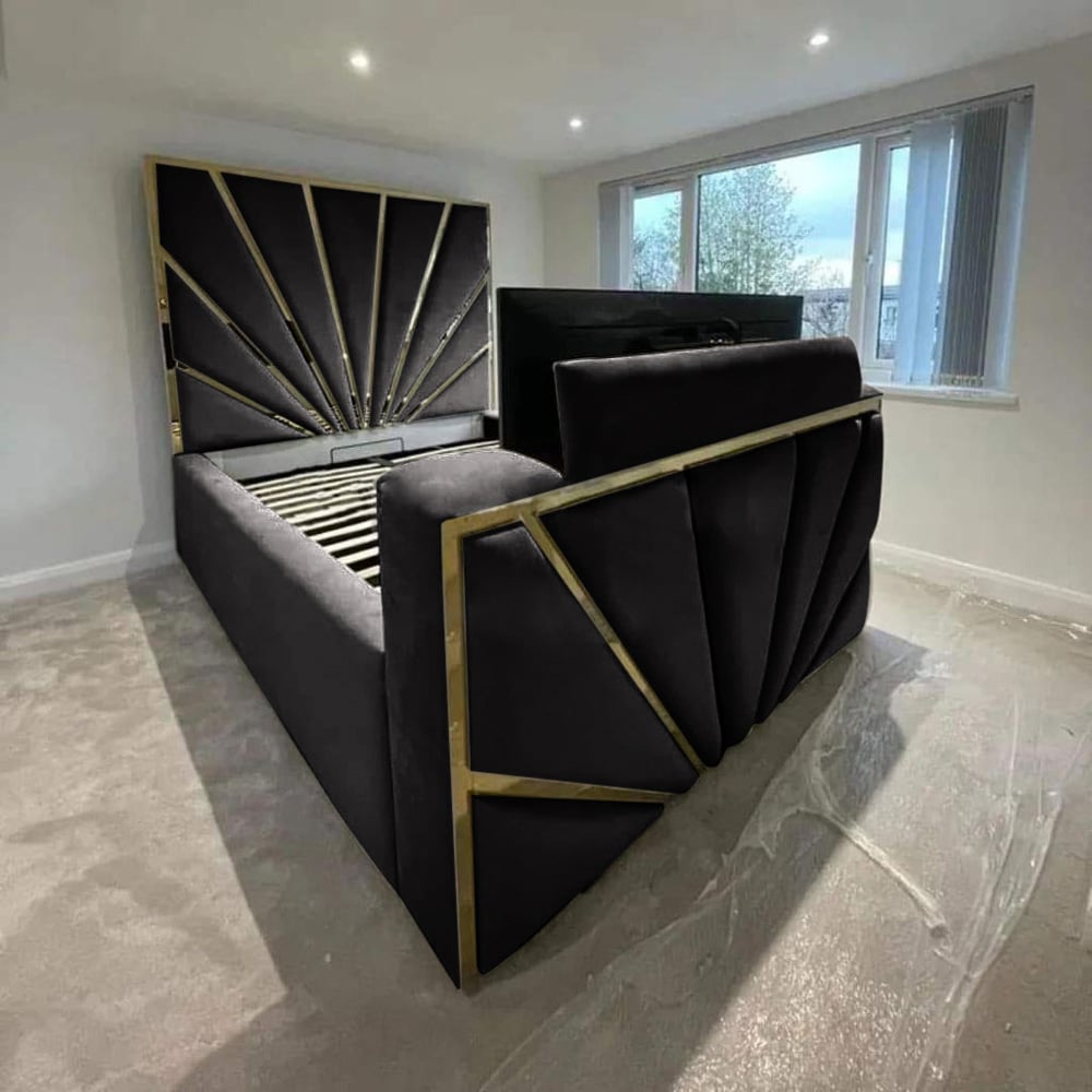 Eleganza Home Leniva Super King Size Black Plush TV Bed Frame with Headboard and Footboard Image 2