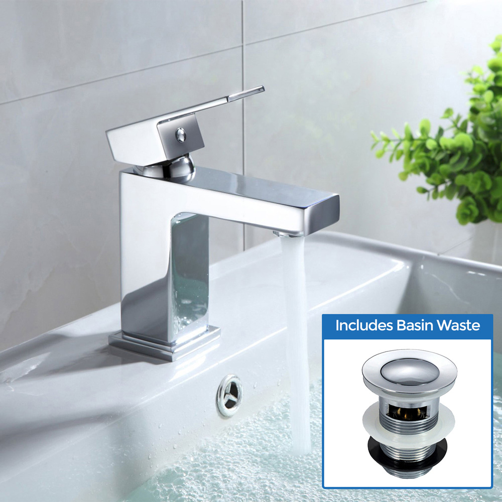 Nes Home Brayton Chrome Square Single Lever Basin Mono Mixer Tap with Waste Image 2