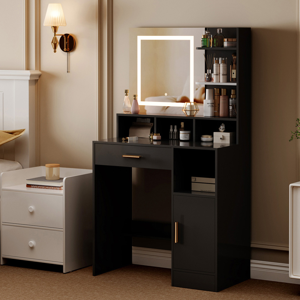 Brooklyn Truro Single Door Single Drawer 7 Shelf Black Adjustable Dressing Table with LED Mirror Image 3
