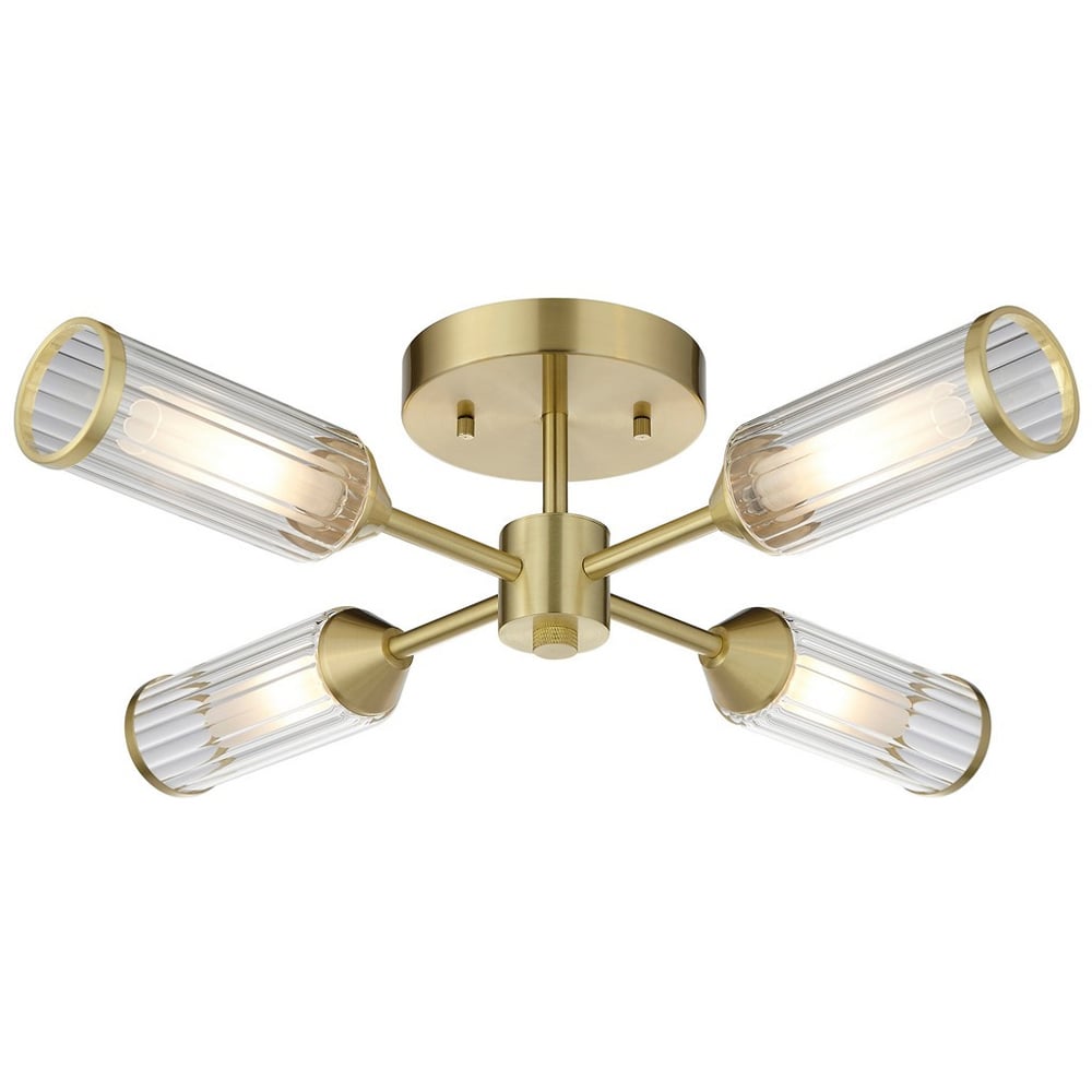 Merano Trieste Clear and Frosted Glass Satin Brass Plate Multi Arm Semi Flush Ceiling Lamp Image 3