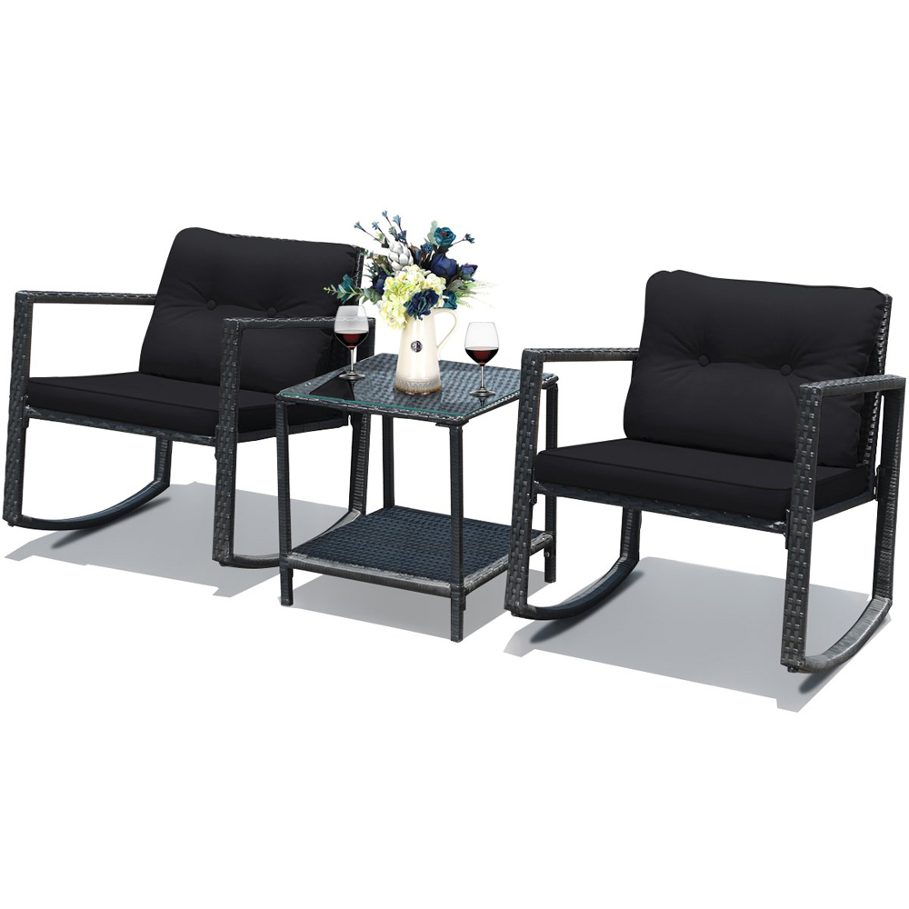 Costway 2 Seater Black PE Rattan Rocking Bistro Set with Cushion Image 4