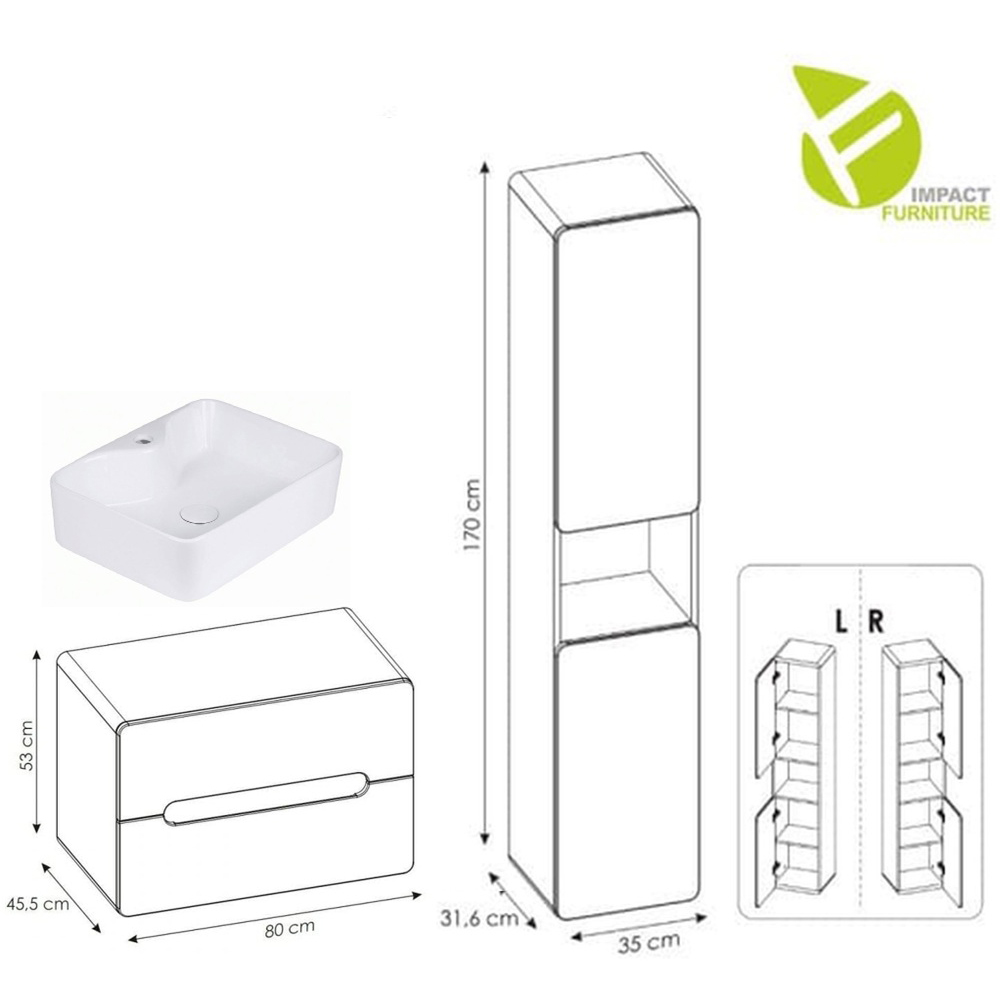 Impact Furniture Aruba White Gloss and Oak Wall Mounted Bathroom Cabinet with Sink 800mm Image 9